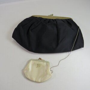 JR U.S.A. Vintage Black Satin Kiss Lock Clutch & Matching Cream Coin Purse Set